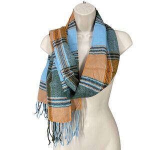 100% Cashmere Scarf Scotland Men Woman Tartan Plaid Fringe Luxury Fall Blue